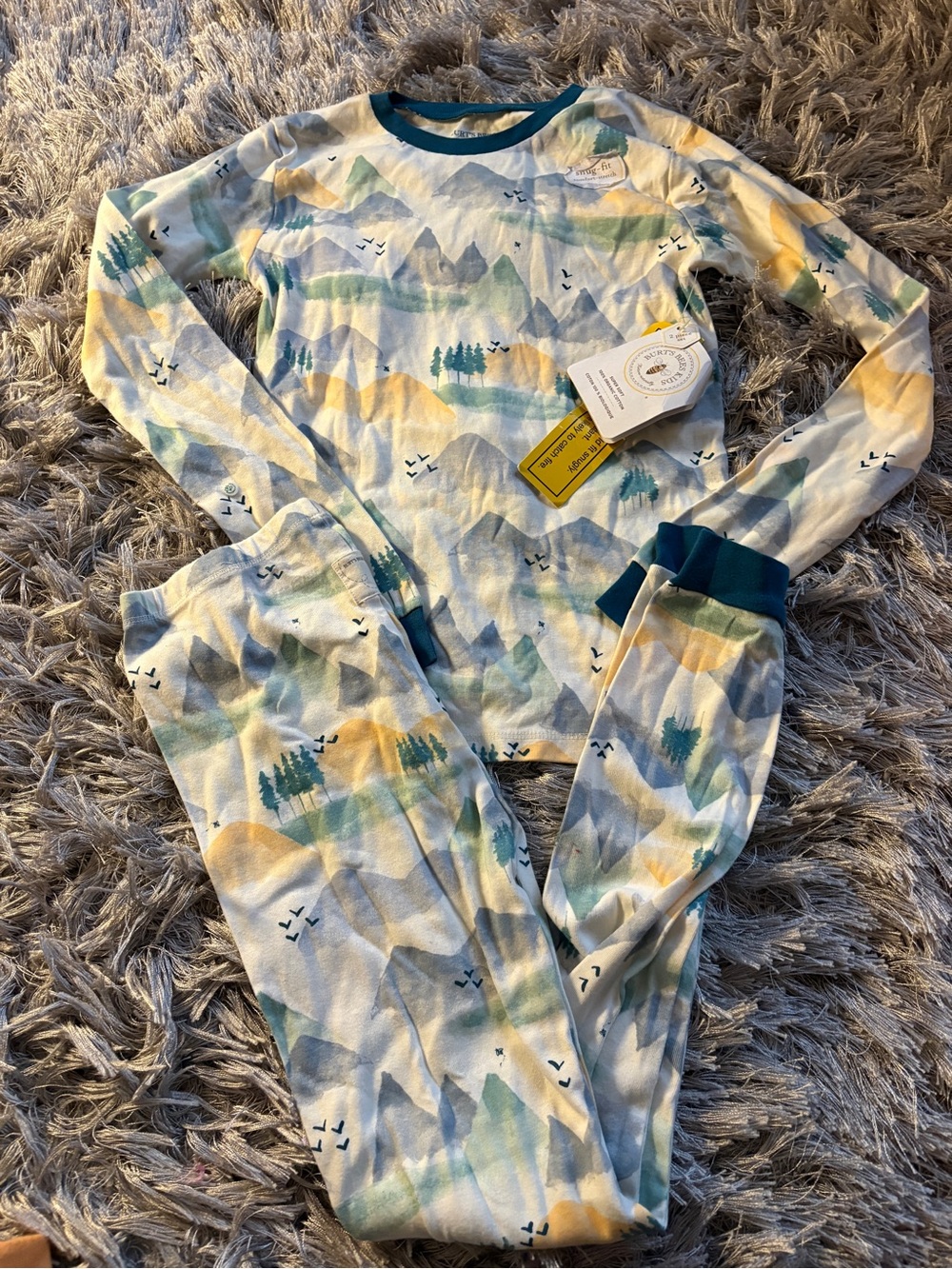 Burt's Bees Kids Mountain & Tree Long Sleeve Pajama Set in Teal Trim size 10